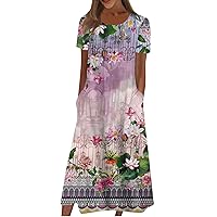 Womens Formal Dress Wedding Lady Short Sleeve Hip Holiday Shift Floral Ruffle Crewneck Cotton Comfortable Soft Purple