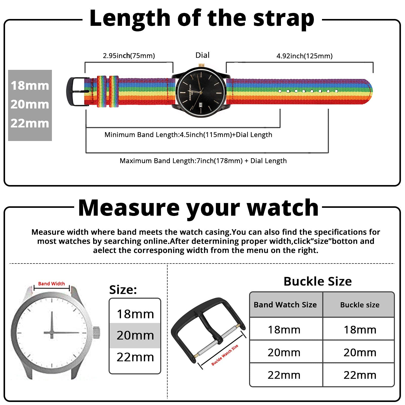 Sport Replacement Watch Band - Quick Release Watch Bands 18mm 20mm 22mm - KAYSEUN Canvas/Nylon Wrist Watch Strap for Mens/Womens