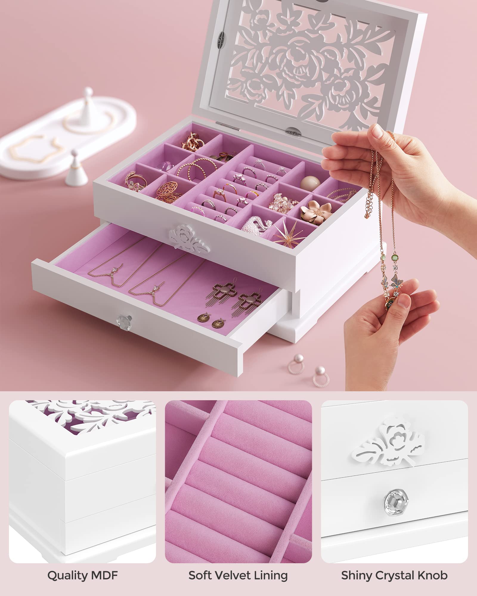SONGMICS Jewelry Box, 2-Tier Jewelry Organizer with Flower Carvings, Drawer, Gift for Loved Ones, Kids, Jewelry Storage Case for Rings, Earrings, Necklaces, Bracelets, White UJOW201