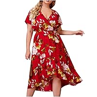 Summer Plus Size Maxi Dresses for Wedding Guest, Women Sexy Floral Cold Shoulder Short Sleeve V Neck Sling Long Dress, B02#red, 5X-Large