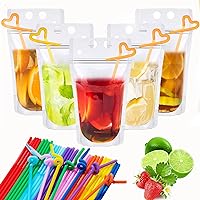 200 PCS Drink Pouches for Adults, Drink Pouches with Straw, 16 Oz Hand-Held Translucent Juice Pouches, Smoothie Bags for Cold, Hot Drinks