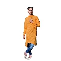 Indian Men's Cotton Kurta Gold Color Trail Cut Shirt Tunic Ethnic Wedding Wear Shirt Plus Size