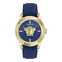 Versace Collection Luxury Mens Watch Timepiece with a Blue Strap Featuring a Gold Case and Blue Dial
