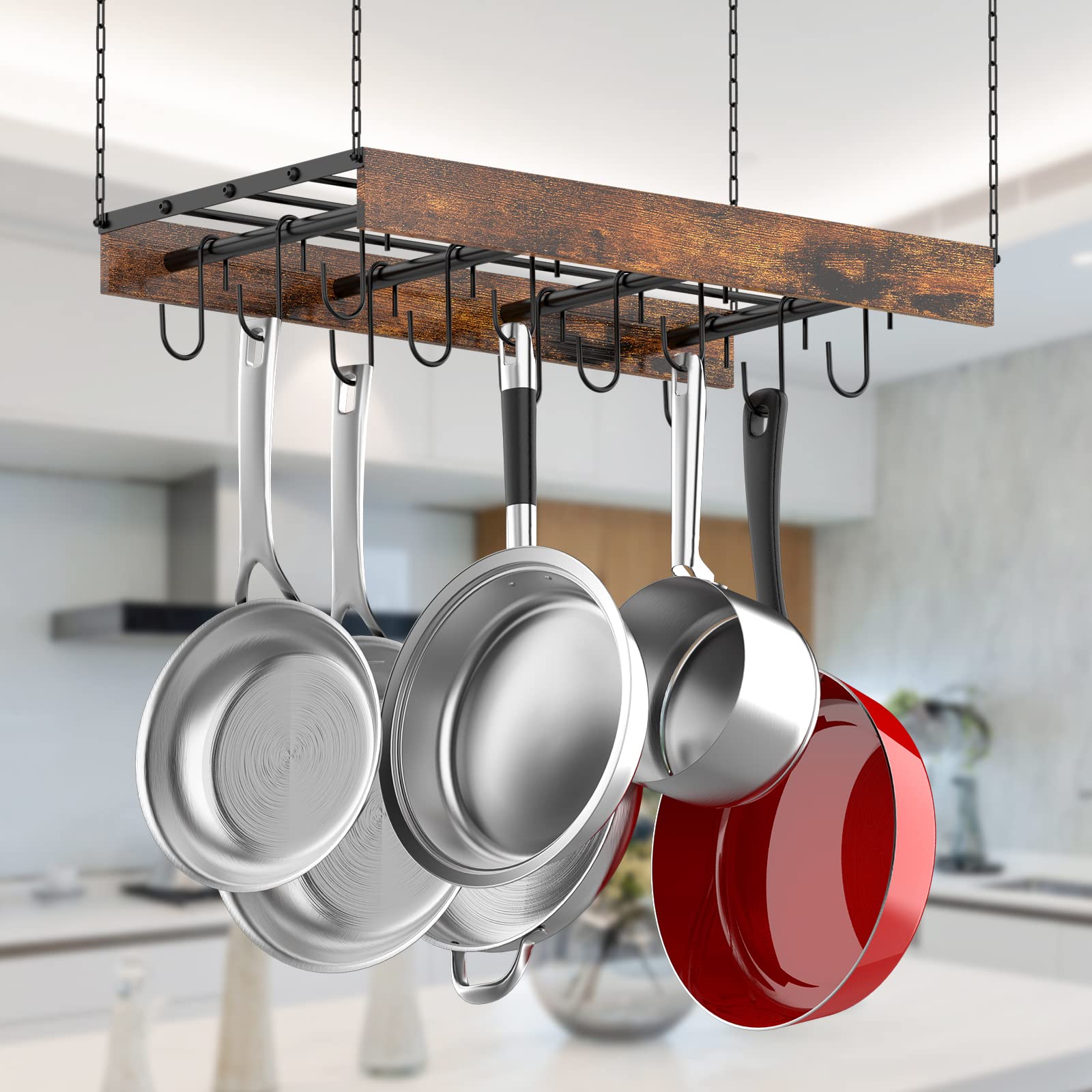 MAWEW Pot Rack Hanging,pot hanger,Hanging Pot Rack Ceiling Mount,Vintage Pot Hangers for Kitchen Ceiling,The Terfect Combination of Iron and Wood Pot Hanger,Measures 24 x 13 x 2.4 Inches.（Black）