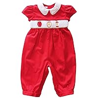 Baby Girls Red Long Bubble Romper with Hand Smocked Apples