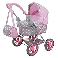 Cotton Candy Pink: Amanda Doll Pram - Pink, Grey, Polka Dot - W/Matching Handbag, Foldable, Removable Bassinet, Kids Pretend Play, Ages 3+