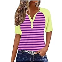 Striped Tops for Women 2024 Fashion Blouse V Neck Button Down Short Sleeve T-Shirt Patchwork Print Y2K Shirt Clothes