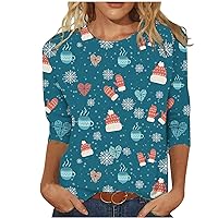 Christmas Shirts for Women Comfy 3/4 Sleeve Tunic Tops Casual Round Neck Xmas Theme Graphic Tees Teen Girls Blouse