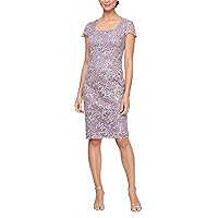 Alex Evenings Women's Short Sleeve Embroidered Cocktail Dress with Square Neckline