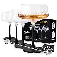 MIAMIO – 9.5 Oz Coupe Glasses Set of 4 with Bar Spoon, Handblown Crystal Cocktail Glasses with Black Stem, Cocktail Glasses, Vodka Martini Glasses, Champagne Coupe Glasses – Crystaluna Collection