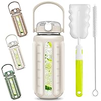 Large Glass Water Bottle with Straw, 64oz Water Bottle with Handle, Thicken Silicone Sleeve, Time Marker, Folding Straw, Leak Proof Buckle, Sport Water Jugs for Home Travel Gym(White)