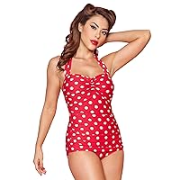 Esther Williams Polka Dot Ruched Halter One Piece Red