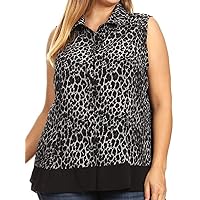 Women's Sleeveless Collar Button Animal Print Dress Shirt Blouse Vest Top S-3XL