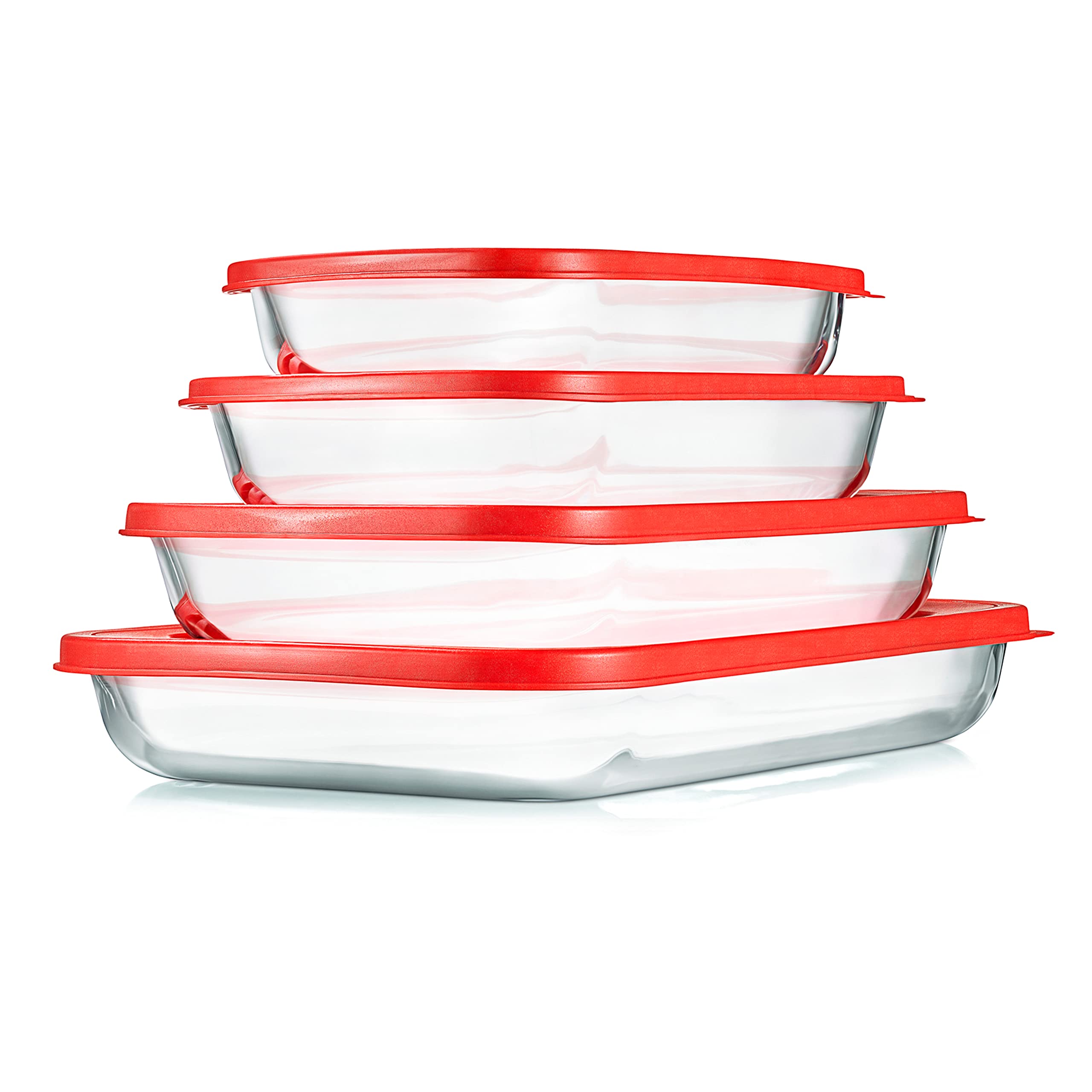 NutriChef 8-Piece Glass Bakeware Set - Glass Rectangular Baking Dishes with Red PE Lids, Ideal for Freezer-to-Oven Cooking, Casseroles, and Easy Food Storage, Stackable Design