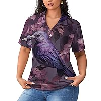 Bird in Purple Flowers Womens Polo Shirts Golf Straight Shirts Casual Tennis Shirts Short Sleeve Tee Tops for Work Business
