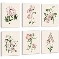 KAIRNE Vintage Flowers Canvas Wall Art,Wildflower Decor,Botanical Floral Prints Set Of 6(8x10inch,framed) Shabby Chic Wall Decor,Plant Picture,Tropical Painting Poster For Spring Bathroom Decor
