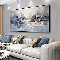 Abstract Wall Art Blue and White Reflection Large Size Framed Artwork Wall Decor Canvas Painting Stretched Canvas Wooden for Living Room Bedroom Office Home Decor Frame ready for hanging 30
