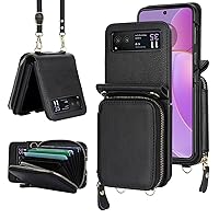 ONNAT-PU Leather Wallet Phone Case for Samsung Galaxy Z Flip 5 - RFID Card Slots, Detachable Wrist Strap and Shoulder Strap, Stylish and Protective (Galaxy Z Flip 5,Black1)