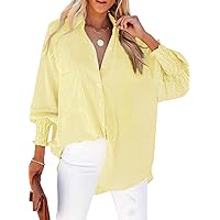Women's Smocked Cuffed Striped Boyfriend Shirt with Pocket Casual Collar Long Sleeve Blouse Tops for Pocket Shirred