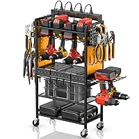 CCCEI Power Tool Organizer Cart with Charging Station, Garage Floor Rolling Storage Cart on Wheels for Mechanic, Mobile 6 Drill, Tool Box Utility Cart with Power Strip, Yellow.