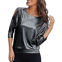 JASAMBAC Sequin Tops Women Sparkle Party Night Top Cold Shoulder Cross V-Neck Tunic Short Sleeve Tops Concert Outfit