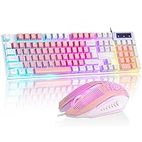 CHONCHOW Cute White and Pink Keyboard and Mouse Combo for Girl, 3 Backlit, 19 Keys Anti-ghosting, Kawaii Gaming Keyboard for PC Laptop Mac Computer PS4 and PS5, with RGB Light Up Mouse, Women Gift
