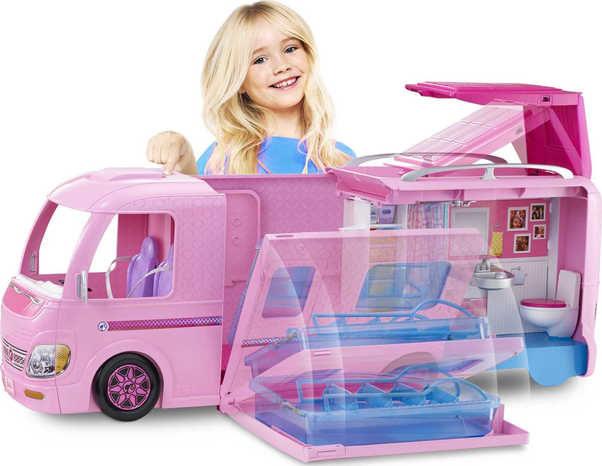 Barbie Camper Playset, Dreamcamper Toy Vehicle with 50 Accessories Including Furniture, Pool & Slide, Hammocks & Fireplace (Amazon Exclusive),Pink