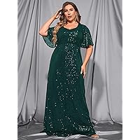 Plus Women's Dress Plus Sequin Butterfly Sleeve Belted Maxi Dress (Color : Dark Green, Size : 3X-Large)