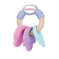 Nuby Wood and Silicone Natural Teether Keys - BPA-Free Toy for Baby Teething Relief - 3+ Months - Assorted Pastel Colors