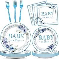 96pcs Baby In Bloom Baby Shower Decorations Blue Flower Paper Plates and Napkins Set Disposable Floral Baby Shower Tableware Set for Baby Boy Girl Birthday Party Supplies Favors Serves 24
