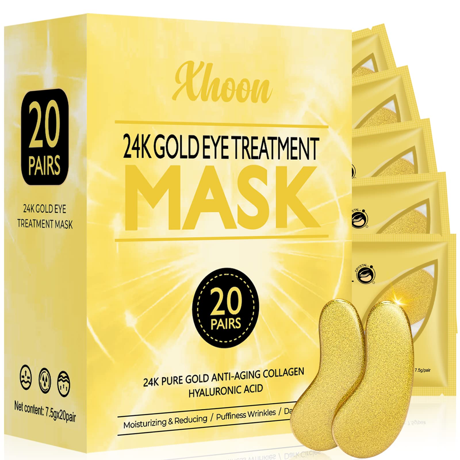 Xhoon 24K Gold Under Eye Patches - 20 Pairs Amino Acid & Collagen, Under Eye Mask for Face Care, Dark Circles and Puffiness, Beauty & Personal Care