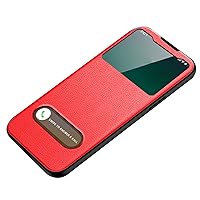 Genuine Leather Case for iPhone 14/14 Pro/14 Max/14 Pro Max,S-View Flip Cover Smart Tap Control Magnetic Book Folio Kickstand Protective Phone Case Brown (Red,14 pro max 6.1'')