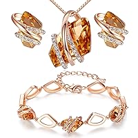 Leafael Wish Stone Necklace, Stud Earrings, and Bracelet Jewelry Set for Women, November Birthstone Amber Brown Crystal Jewelry, Silver Tone Gifts for Women