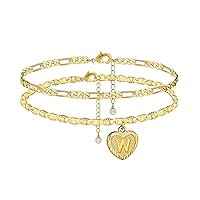 Anklet for Women,Gold Ankle Bracelets 14K Real Gold Plated Heart Initial Layered Anklet for Girls with Letter A-Z Summer Gifts