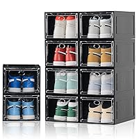 10 Pack Shoe Boxes Stackable,Upgraded Sturdy Shoe Storage Boxes with Clear Magnetic Door,Multifunctional Sneaker Storage, Shoe Box Organizer Fit up to US Size 12 Black(13.8”x 9.84”x 7.1”)