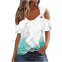 Sexy Clod Sholuder Tops for Women Summer Eyelet Short Sleeve T Shirts Y2K Going Out Blouses Ladies Tunic Tops