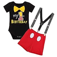 Gentleman Mouse First Birthday Cake Smash Photo Props Outfit for Baby Boys Romper Suspenders Shorts Bloomers Halloween Baby Shower Mouse Theme Birthday Party Supply Black - 1st Birthday 9-12 Months