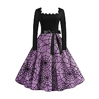 Women's Halloween Dress Casual Fashion Print Vintage Long Sleeve Dress Goth, S-2XL