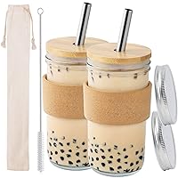Reusable Cup Bubble Tea Cup Wide Mouth Smoothie Cups Iced Coffee Tumbler, 22 oz Leakproof Glass Mason Jars Tumblers with Wooden Lid and Stainless Steel Straws, Cork Band Sleeve (2 PACK)