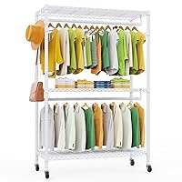 LEHOM G1L 3 Tiers Garment Rack with Storage Shelves, Heavy Duty Rolling Free-Standing Clothing Rack Closet Organizer with Double Rods/Lockable Wheels & 2 Side Hooks, Max Load 450 LBS, White