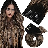 Clip in Hair Extensions Ombre Human Hair Clip in Extensions Balayage Black to Brown with Dark Golden Blonde Double Weft Clip in Human Hair Extensions 22inch 7Pieces 120G