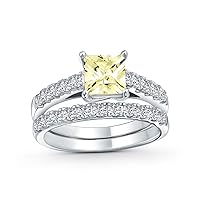 Personalize 1-3CT Brilliant Canary Yellow Cubic Zirconia Square Princess Cut Solitaire Cathedral Setting Thin Eternity Pave Band AAA CZ Anniversary Engagement Wedding Ring Set .925 Sterling Silver