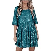 Women Sequin Dress Sparkly Giltter Tunic Dresses Round Neck Half Sleeve Loose Swing Dress Disco Party Concert Outfits Green