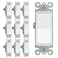 10 Pack 3-Way Decorator Light Switch, 15A 120/277V, Single Pole or Three Way, Rocker Paddle Wall Switch, On/Off Rocker Interrupter, UL Listed, White