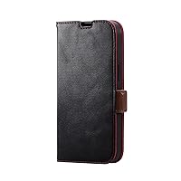 Elecom PM-A22APLFYBK iPhone 14/13 Case, Pocketbook Type, Shockproof, Card Pocket, Magnetic Closure, Stitching, Strap Hole, Black