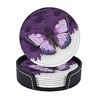 Drink Coasters Set of 6 Leather Coasters with Holder Purple Butterfly Round Coaster for Drinks Tabletop Protection Cup Mat Heat Resistant Coffee Cup Mat 4