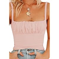 Women Crop Tank Top Sexy Square V Neck Double Lined Ruched Corset Cute Cropped Sleeveless Cami Summer Outfit Going Out Top
