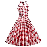 Wellwits Women's Halter Backless 1950s Vintage Pin-up Rockabilly Dress