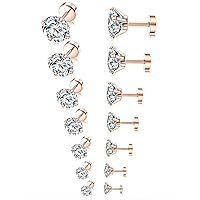 Tornito 7 Pairs 20G Stainless Steel Stud Earrings Round Cubic Zirconia Barbell Earring Set For Men Women 2MM-8MM Rose Gold Tone
