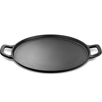 Legend Cast iron Pizza Pan | 14” Steel Pizza Cooker with Easy Grip Handles | Deep Stone for Oven or Griddle for Gas, Induction, Grilling | Lightly Pre-Seasoned Cookware Gets Better with Use